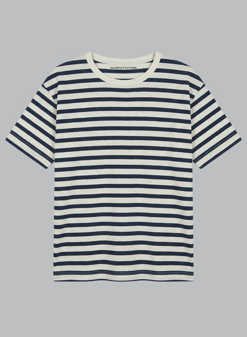 Camiseta de rayas marinas con cuello redondo y manga corta de algodón/lino - MAJESTIC FILATURES