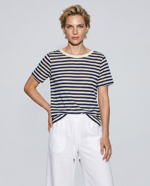 Camiseta de rayas marinas con cuello redondo y manga corta de algodón/lino - MAJESTIC FILATURES