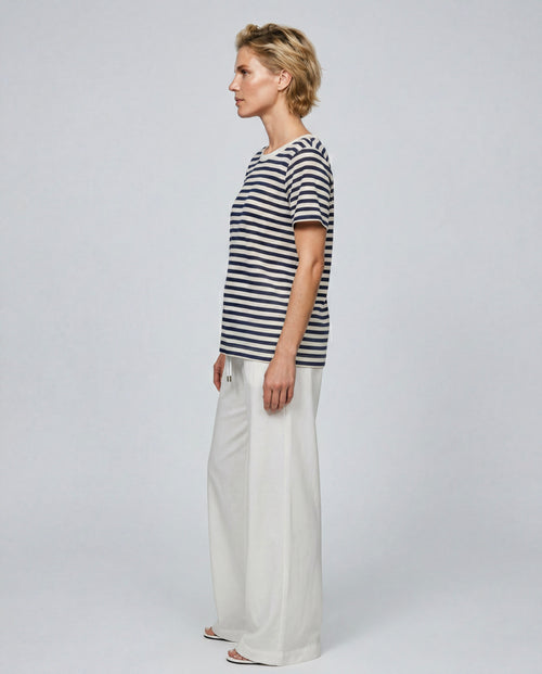 Camiseta de rayas marinas con cuello redondo y manga corta de algodón/lino - MAJESTIC FILATURES