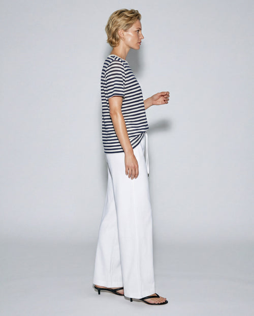 Camiseta de rayas marinas con cuello redondo y manga corta de algodón/lino - MAJESTIC FILATURES