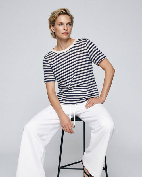Camiseta de rayas marinas con cuello redondo y manga corta de algodón/lino - MAJESTIC FILATURES