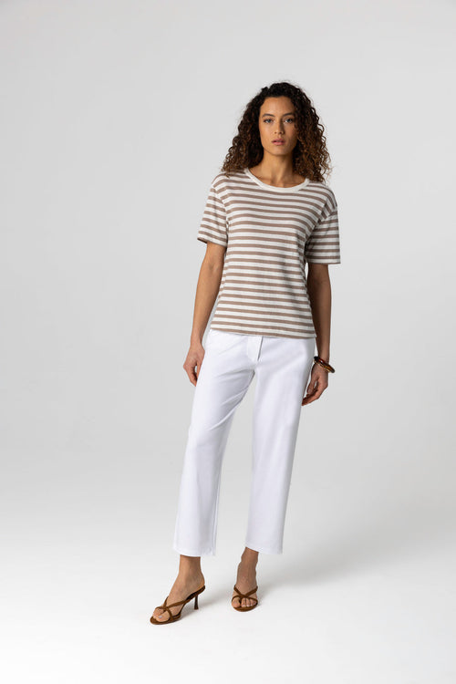 T-shirt Rayure Marron Col Rond Manches Courtes en Coton / Lin - MAJESTIC FILATURES