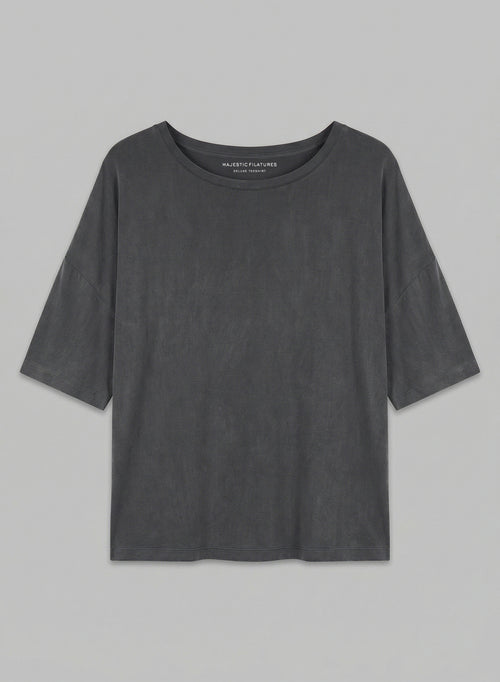 Dark Gray Round-Neck Short-Sleeve T-shirt in Cupro / Elastane - MAJESTIC FILATURES