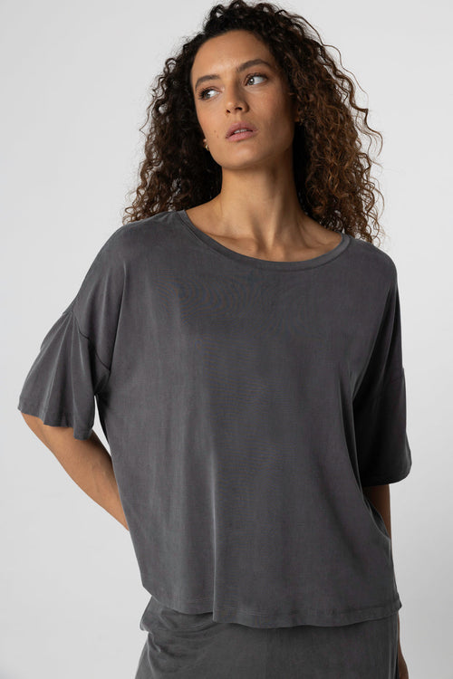 Dark Gray Round-Neck Short-Sleeve T-shirt in Cupro / Elastane - MAJESTIC FILATURES