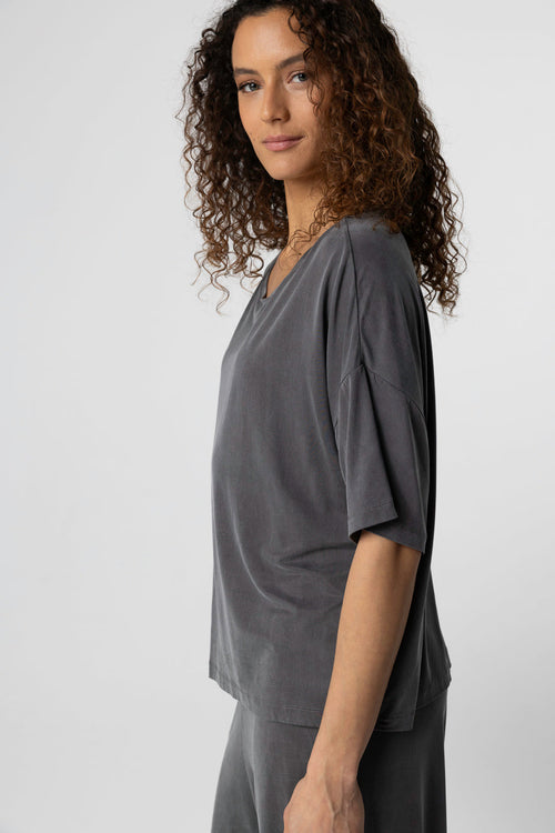 Dark Gray Round-Neck Short-Sleeve T-shirt in Cupro / Elastane - MAJESTIC FILATURES