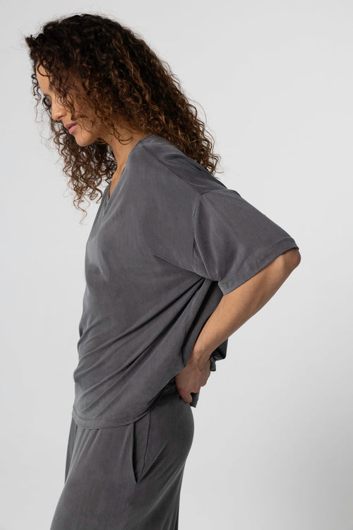 Dark Gray Round-Neck Short-Sleeve T-shirt in Cupro / Elastane - MAJESTIC FILATURES