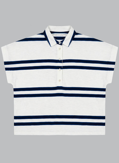 T-shirt Rayé Blanc Col Polo Manches Courtes en Coton organique - MAJESTIC FILATURES