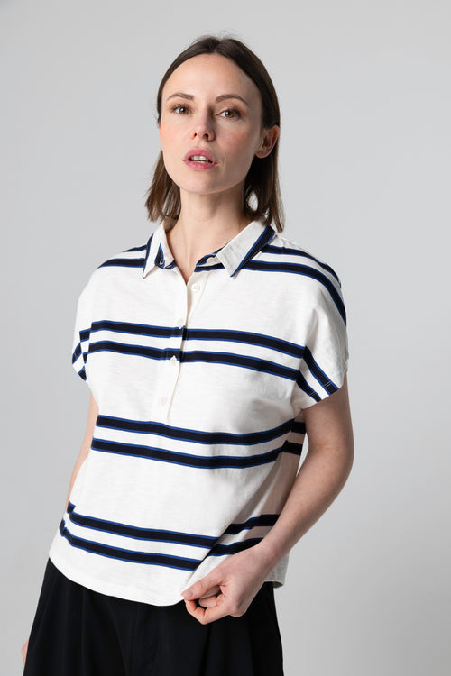 T-shirt Rayé Blanc Col Polo Manches Courtes en Coton organique - MAJESTIC FILATURES