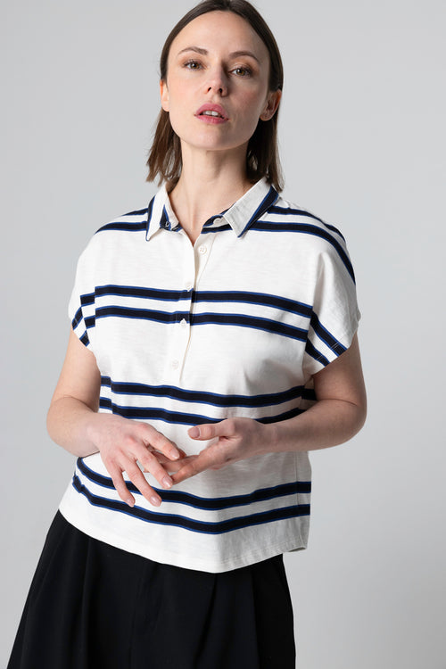 T-shirt Rayé Blanc Col Polo Manches Courtes en Coton organique - MAJESTIC FILATURES