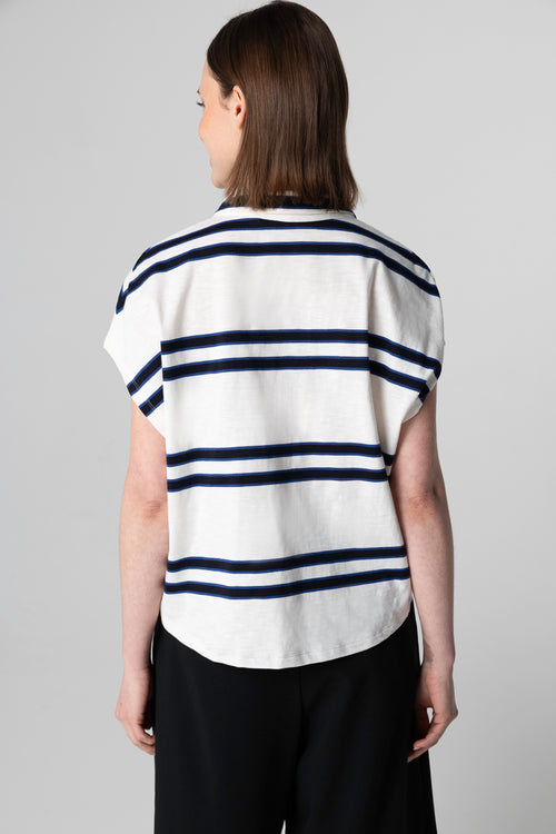 T-shirt Rayé Blanc Col Polo Manches Courtes en Coton organique - MAJESTIC FILATURES