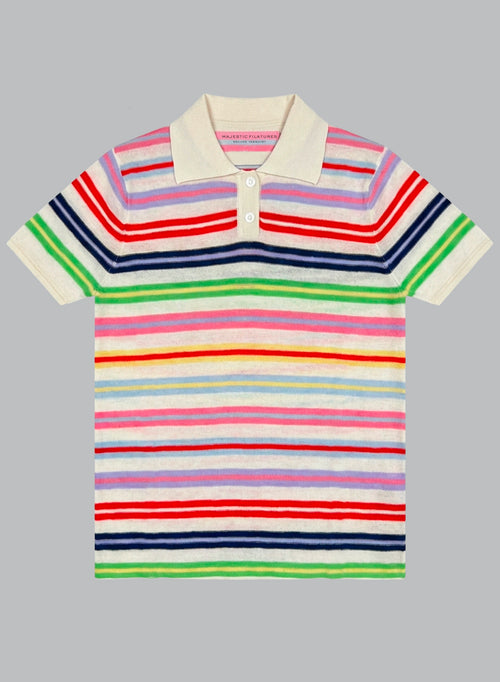 Polo rayado en color leche manga corta de cachemira extrafina - MAJESTIC FILATURES