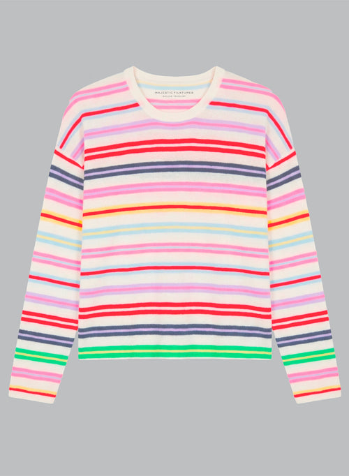 Pull Rayé Multicouleurs Col Rond Manches Longues en Cachemire extrafine - MAJESTIC FILATURES