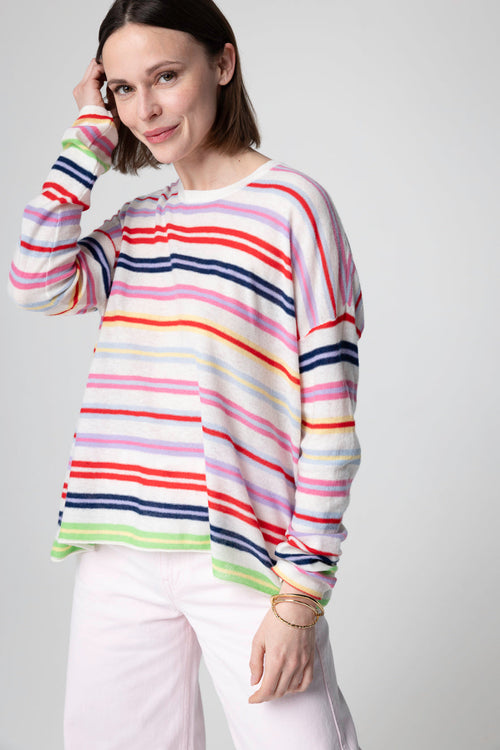 Mehrfarbig gestreifter Pullover mit Rundhalsausschnitt und langen Ärmeln aus extrafeinem Kaschmir - MAJESTIC FILATURES