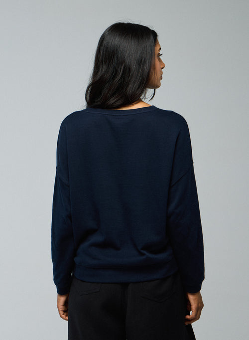 Sweat Bleu / Gris Col Rond Manches Longues en Coton organique / Cachemire - MAJESTIC FILATURES