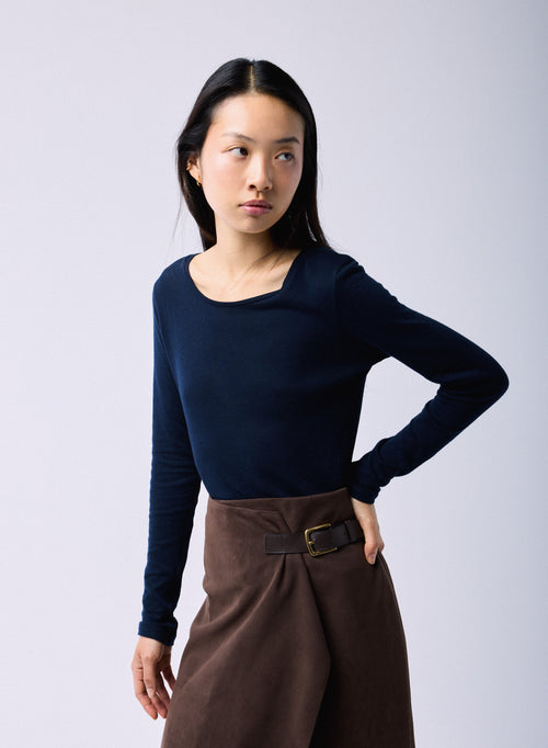 T-shirt Bleu / Gris Col Rond Manches Longues en Coton organique / Cachemire - MAJESTIC FILATURES