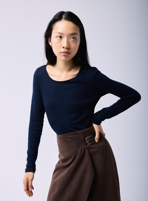 Camiseta Azul / Gris Cuello Redondo Mangas Largas en Algodón Orgánico / Cachemira - MAJESTIC FILATURES