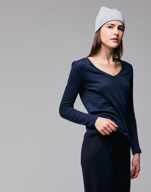 T-shirt Bleu / Gris Col V Manches Longues en Coton organique / Cachemire - MAJESTIC FILATURES