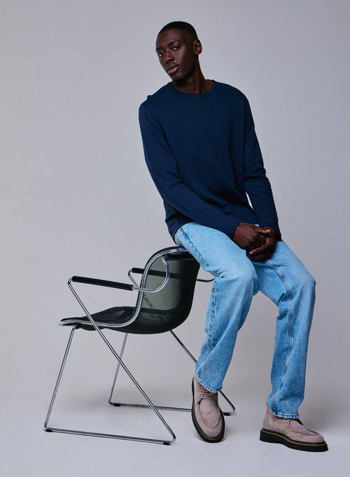 Langarm-T-Shirt mit Rundhalsausschnitt in Blau / Grau aus Bio-Baumwolle / Kaschmir - MAJESTIC FILATURES