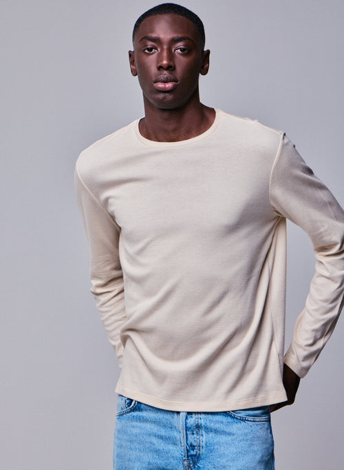 T-shirt Gris Col Rond Manches Longues en Coton organique / Cachemire - MAJESTIC FILATURES