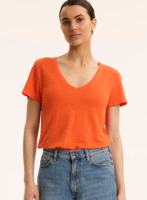 Tee shirt orange Col V Manches Courtes - MAJESTIC FILATURES