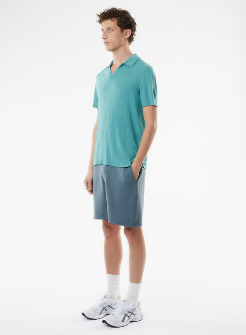 Blue Short Sleeve Polo Collar Linen / Elastane T-shirt - MAJESTIC FILATURES