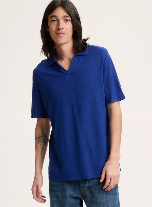 Tee shirt Bleu Col Polo Manches Courtes - MAJESTIC FILATURES