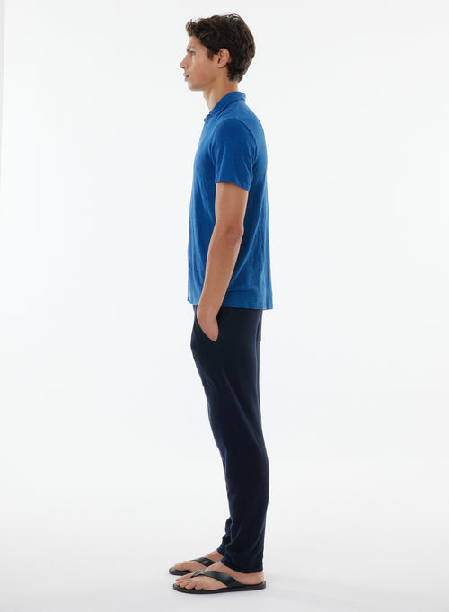 Blue Short Sleeve Polo Collar Linen / Elastane T-shirt - MAJESTIC FILATURES