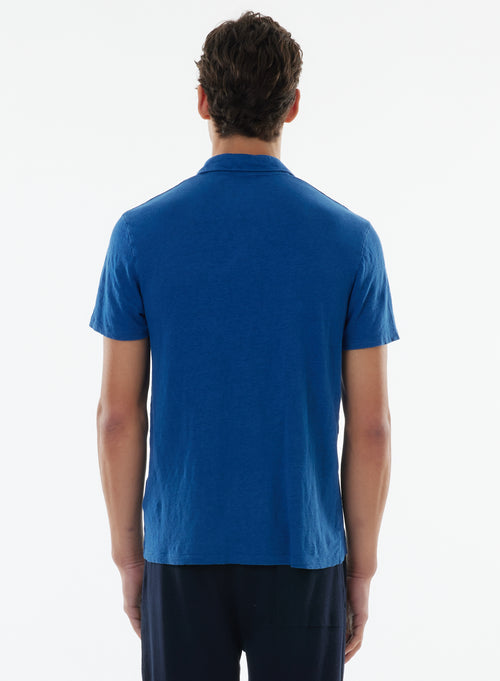 Blue Short Sleeve Polo Collar Linen / Elastane T-shirt - MAJESTIC FILATURES