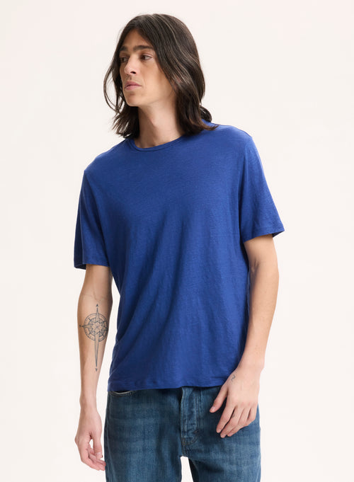 Blue Round Neck Short Sleeve Linen / Elastane Tee-shirt - MAJESTIC FILATURES