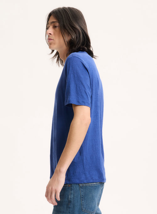 Blue Round Neck Short Sleeve Linen / Elastane Tee-shirt - MAJESTIC FILATURES