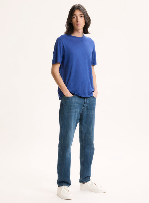 Blue Round Neck Short Sleeve Linen / Elastane Tee-shirt - MAJESTIC FILATURES