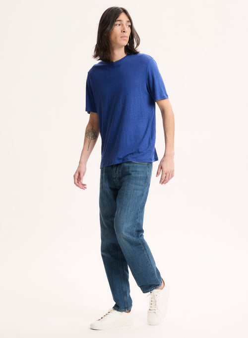 Blue Round Neck Short Sleeve Linen / Elastane Tee-shirt - MAJESTIC FILATURES