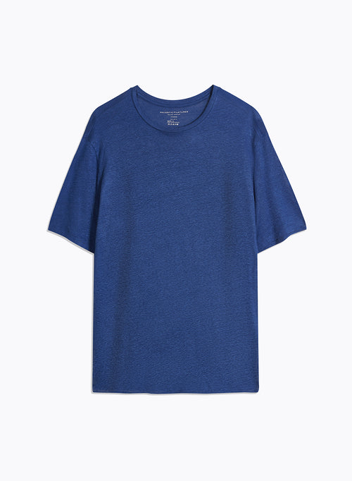 Blue Round Neck Short Sleeve Linen / Elastane Tee-shirt - MAJESTIC FILATURES