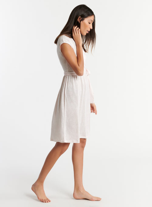 Pink V-neck dress with short sleeves in linen / elastane - MAJESTIC FILATURES