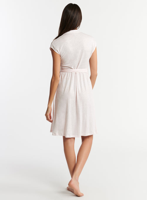 Pink V-neck dress with short sleeves in linen / elastane - MAJESTIC FILATURES