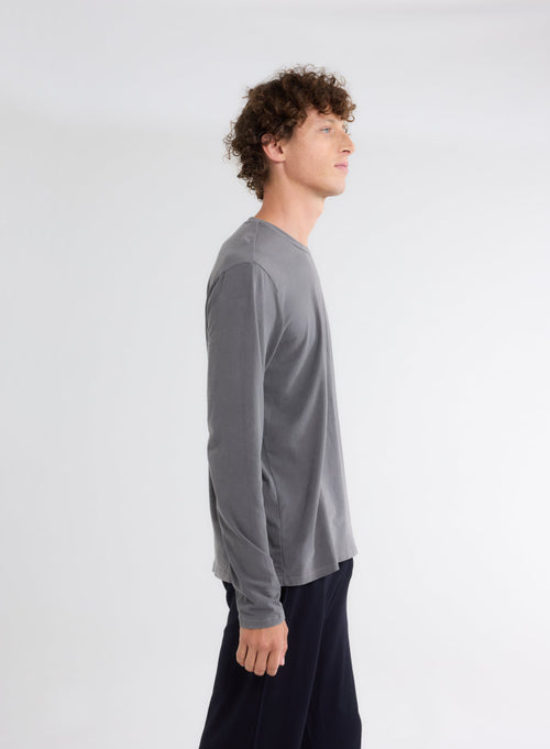 Grey Long Sleeve Crew Neck T-Shirt in Organic Cotton and Elastane - MAJESTIC FILATURES